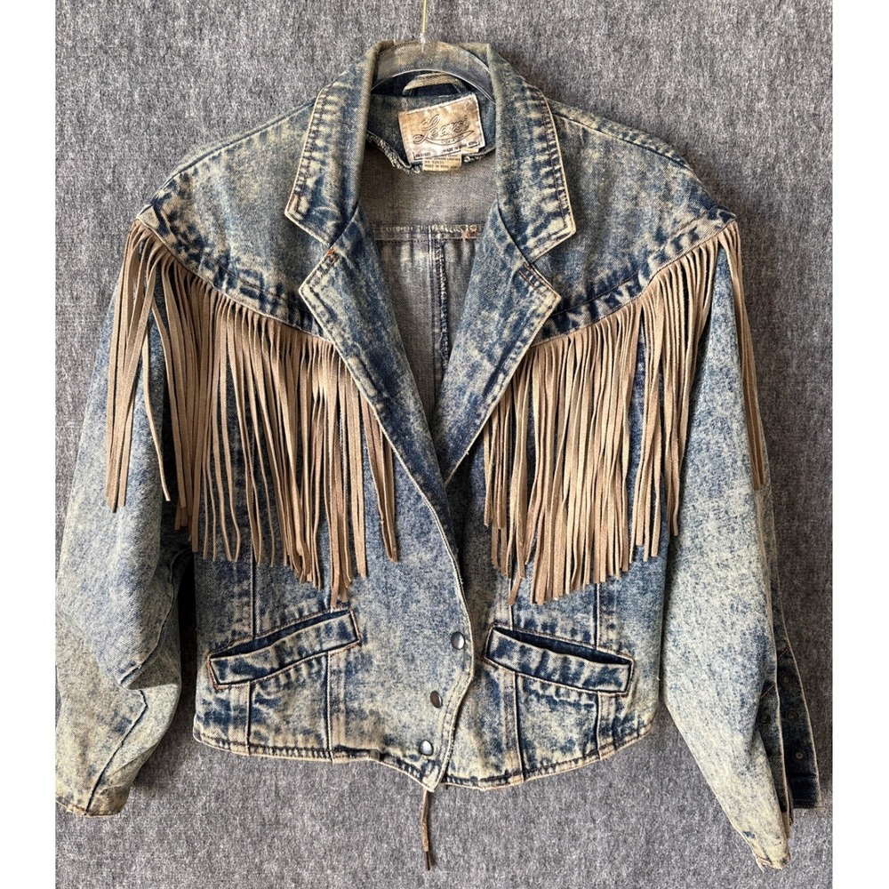 Vintage 80s Denim Learsi Acid Wash Denim Fringe Western Jacket Leather Blue M